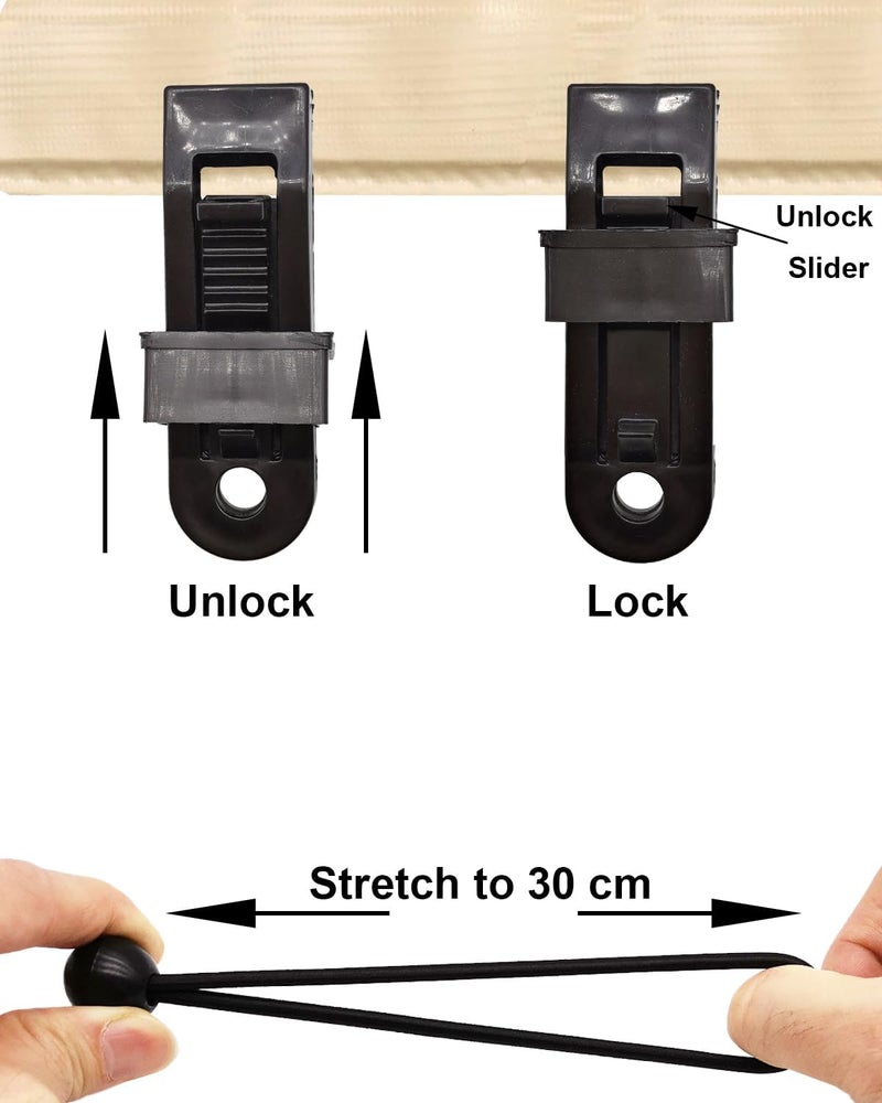 AOBYMIN Tarp Clips Lock Grip, 40 Pack Tarp Clamps Heavy Duty and Ball Bungee Cords Set, Tent Clips with 6 Inch Bungie Cord Balls for Awnings Camping, Patio Umbrellas, Pool Awning Cover - Image 3